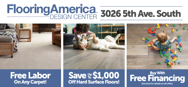 Free Labor on every carpet purchase, 12 month special financing, room scene photo of living room