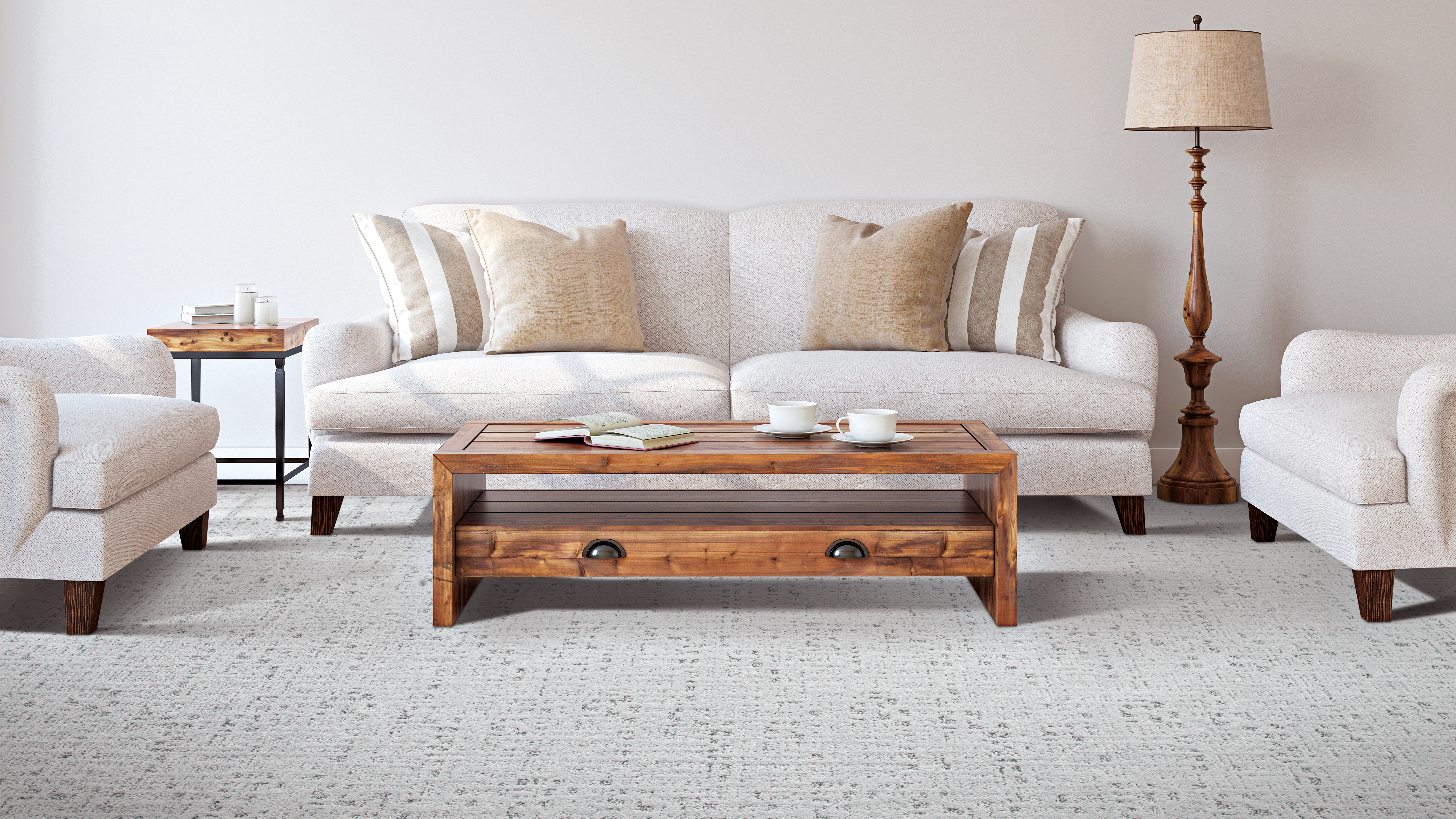 carpet flooring paired with a cream colored couch and a wood coffee table 
